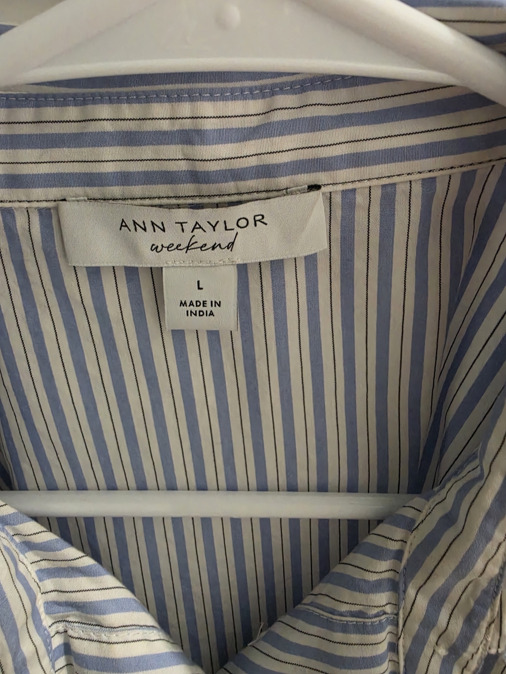Ann Taylor Weekend Light Blue and White Striped Button-Down Shirt